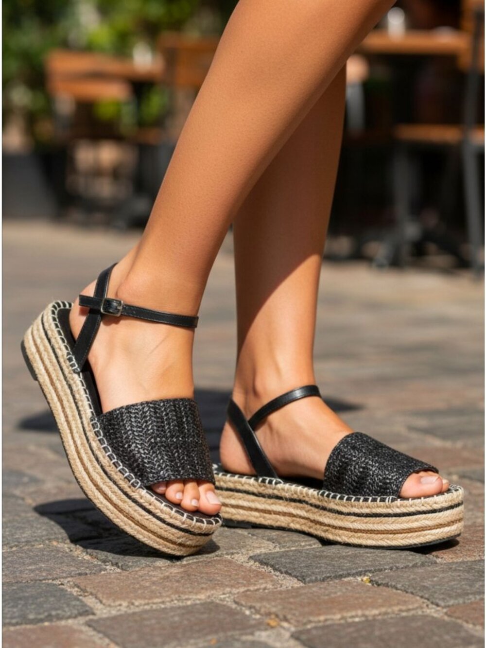 Chase + Chloe Black Woven Straw Platform Sandals With Adjustable Strap Womens Si